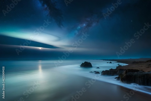 A surreal and dreamy seascape  a beach at twilight covered in bioluminescent plankton