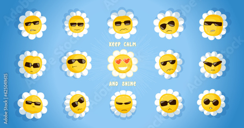 The most joyful and happy chamomile, surrounded by serious and gloomy daisies. Keep calm and shine. Groovy style postcard. Vector template