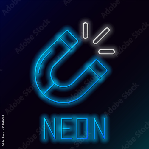 Glowing neon line Magnet icon isolated on black background. Horseshoe magnet, magnetism, magnetize, attraction. Colorful outline concept. Vector