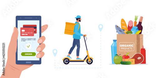 Online food ordering and food delivery. Smartphone screen with order button and paper bag icon full of products. Courier riding electric scooter with product box. Vector illustration.