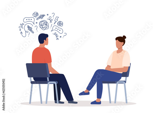 Female psychotherapist has an Individual session with her patient. Talk therapy concept. Vector illustration.