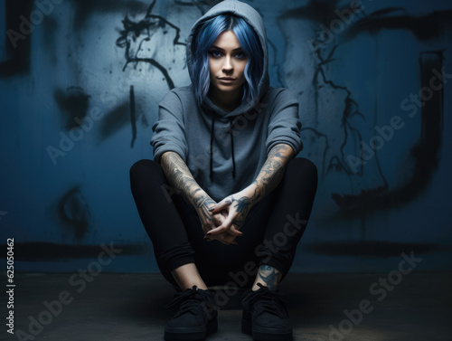Tattooed young woman in a black hoodie and black skinny jeans. Street style fashion photo. Generative AI