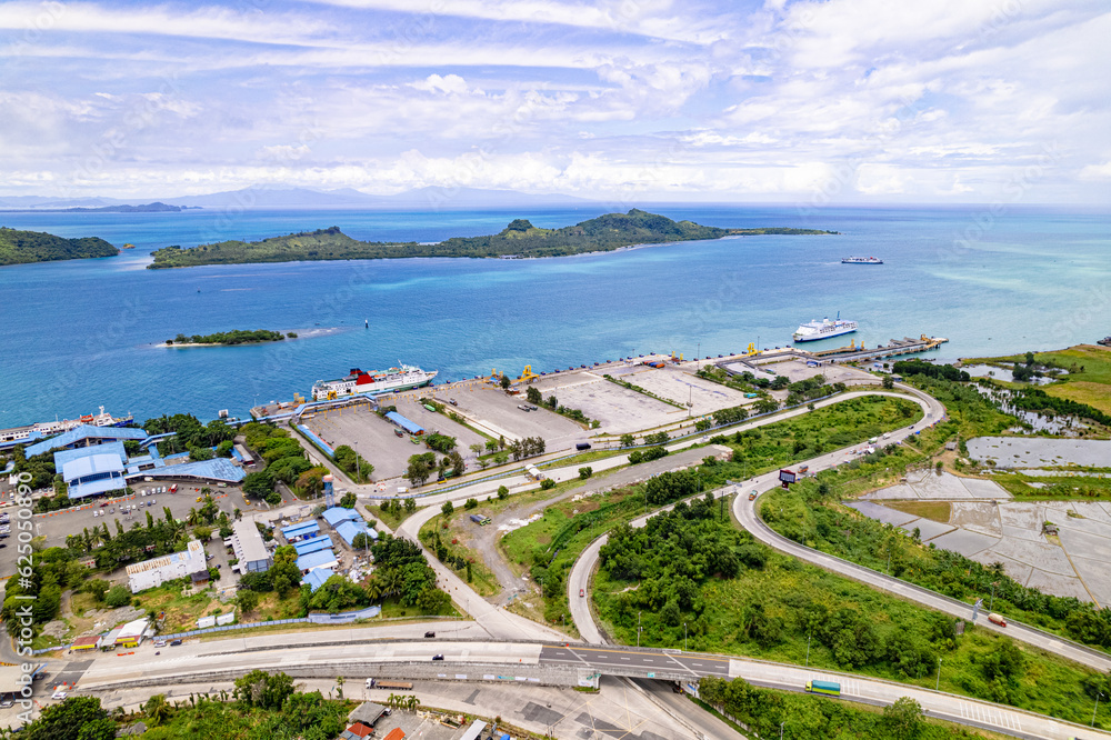 Aerial of Bakauheni Port in Bandar Lampung