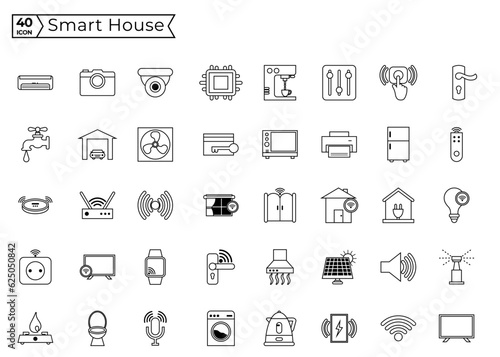 Collection of smart house trendy icons - control of lighting  heating  air conditioning. Set of home automation and remote monitoring symbols drawn with thin contour lines. Vector illustration