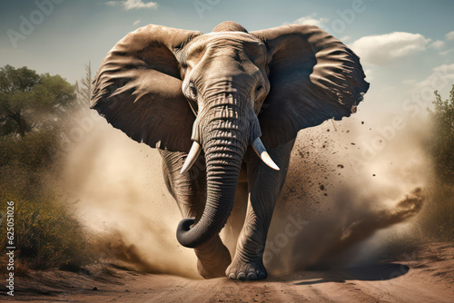 Angriff  eines Elefantenbullen mit Staubwolken photo