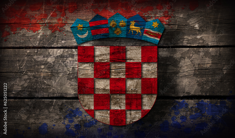 Abstract vintage croatian flag and crest on weathered wood boards - obrazy, fototapety, plakaty 