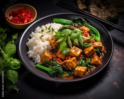 Ma Po Tofu with mouth-watering texture and colour served alongside steamed bok choy and jasmine rice
