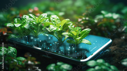 Plants emerging from the smartphone screen. Ecology concept. Digital smart farming concept