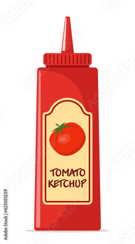 Plastic bottle of red tomato ketchup sauce with label. Vector Illustration.