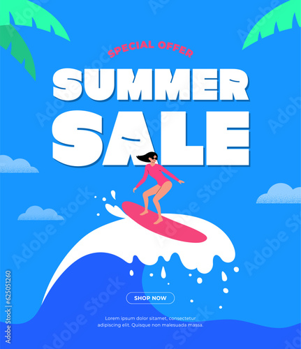 Summer sale web banner template. Colorful background layout. Happy woman surfing big wave. Swimming pool. Sea waves poster. Shopping event typography. Trendy flat design. Simple vector illustration.