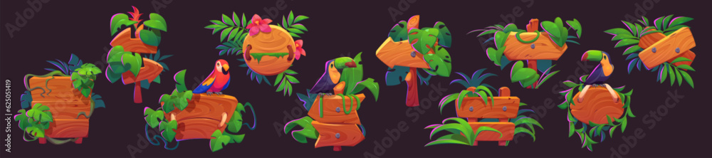 Wood jungle game sign board with flower and parrot vector cartoon set. Forest ui signboard frame icon with tropical design. Wooden texture summer plaque for welcome menu tropic comic interface. Wood jungle game sign board with flower and parrot vector cartoon set. Forest ui signboard frame icon with tropical design. Wooden texture summer plaque for welcome menu tropic comic interface.