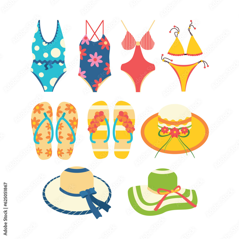 Beach set for summer trips. Hat, swimsuit, slippers, flip-flops. Beach set for summer trips. Hat, swimsuit, slippers, flip-flops.