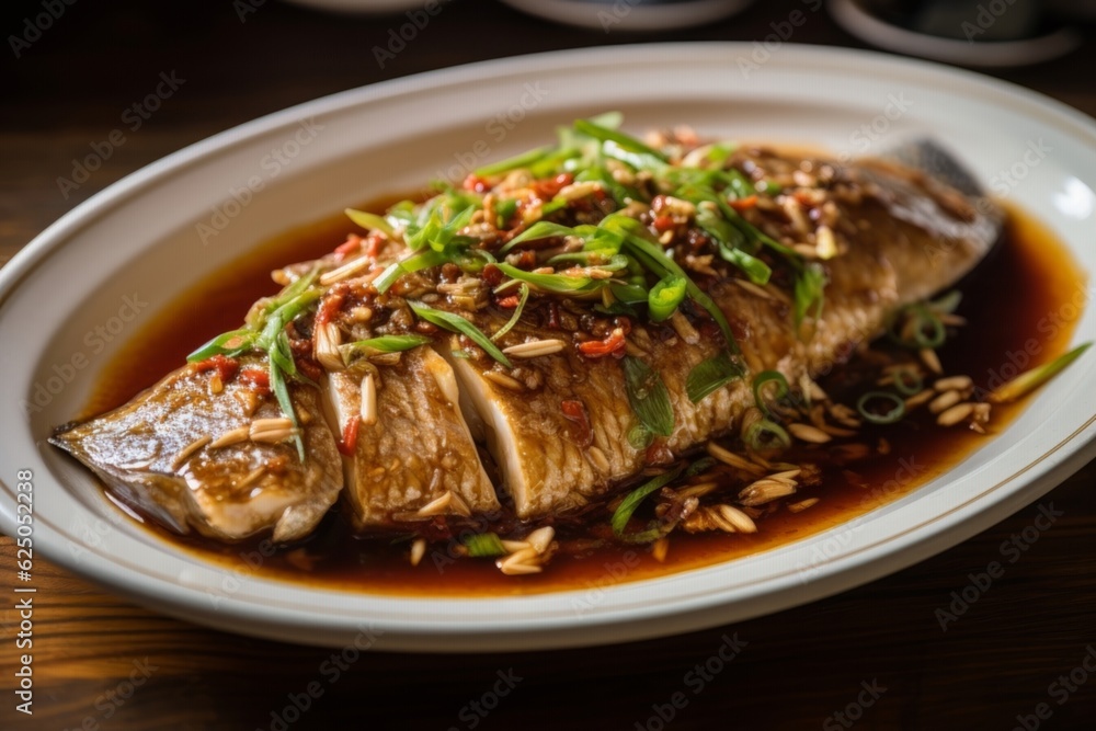 Braised Fish in Brown Sauce garnished with scallions and sesame seeds on a white plate Braised Fish in Brown Sauce garnished with scallions and sesame seeds on a white plate
