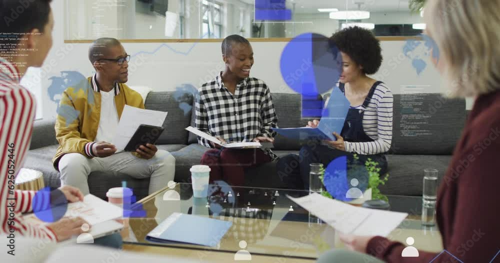 Animation of statistics and data processing over diverse business people in office Animation of statistics and data processing over diverse business people in office