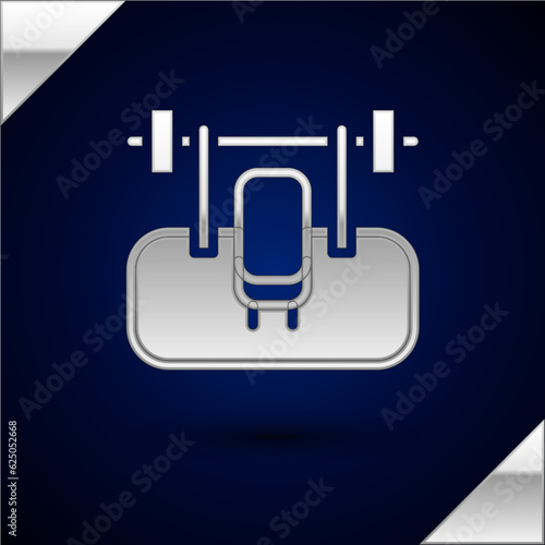 Silver Bench with barbel icon isolated on dark blue background. Gym equipment. Bodybuilding, powerlifting, fitness concept. Vector