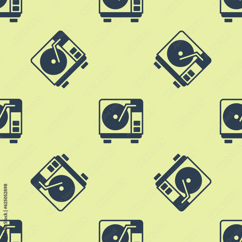 Blue Vinyl player with a vinyl disk icon isolated seamless pattern on yellow background. Vector Blue Vinyl player with a vinyl disk icon isolated seamless pattern on yellow background. Vector