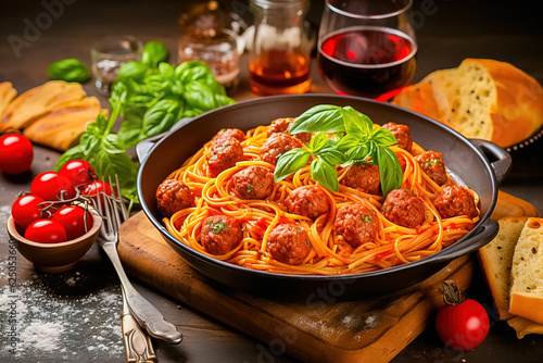 Spaghetti with tomato sauce and meatballs, red wine. Generative AI