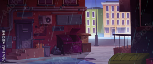 Rain on city alley back street cartoon vector background. Rainy neighborhood ghetto with door, trash and door. Empty alleyway illustration with storm, water puddle and falling droplet near dumpster.