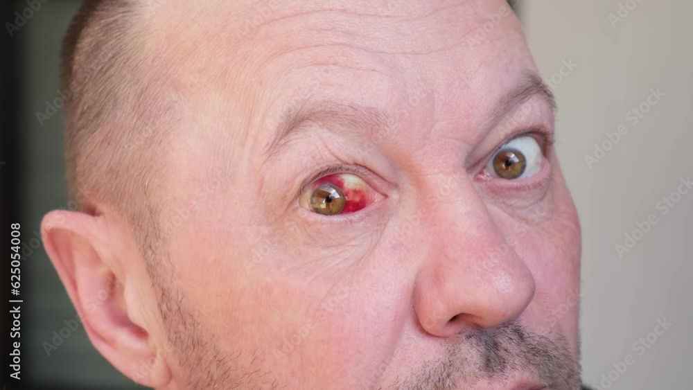 Blood in the eye of a broken blood vessels. Blood pressure. Injury. The eyeball injury from a blow. The adult man looking at the camera and rolling eyes. Impact of stress and fatigue on a human body. Blood in the eye of a broken blood vessels. Blood pressure. Injury. The eyeball injury from a blow. The adult man looking at the camera and rolling eyes. Impact of stress and fatigue on a human body.