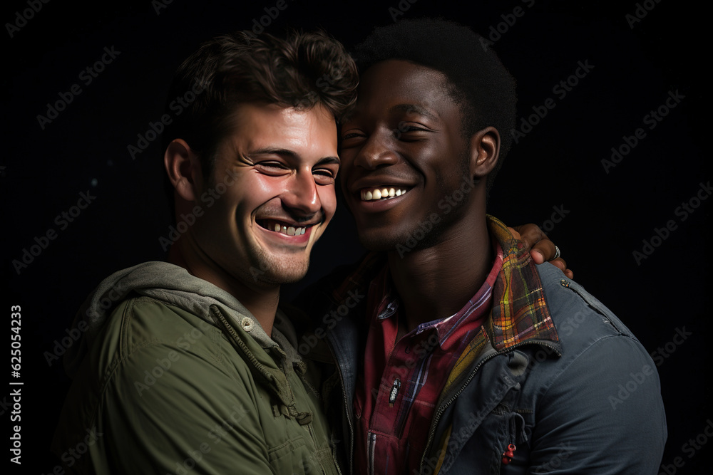 Obraz premium Two man gay couple hugging on sofa at home