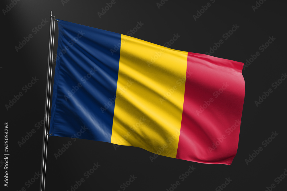 Fototapeta premium 3d illustration flag of Chad. Chad flag waving isolated on black background. flag frame with empty space for your text.