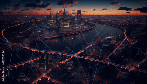 View of the city London's financial district, cityscape, and surroundings network connections for large data Ai generated image