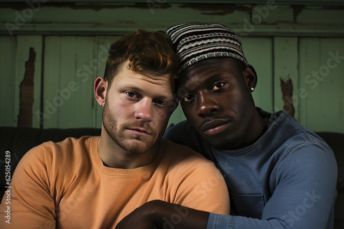 Two man gay couple hugging on sofa at home