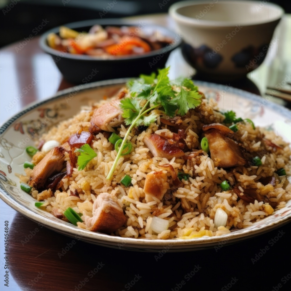 Cantonese Salted Fish and Chicken Fried Rice, focusing on the variety of ingredients and garnishes