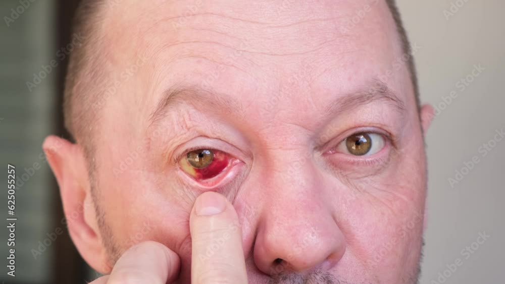 Blood in the eye of a broken blood vessels. Blood pressure. Injury. The eyeball injury from a blow. The adult man looking at the camera and rolling eyes. Impact of stress and fatigue on a human body. Blood in the eye of a broken blood vessels. Blood pressure. Injury. The eyeball injury from a blow. The adult man looking at the camera and rolling eyes. Impact of stress and fatigue on a human body.