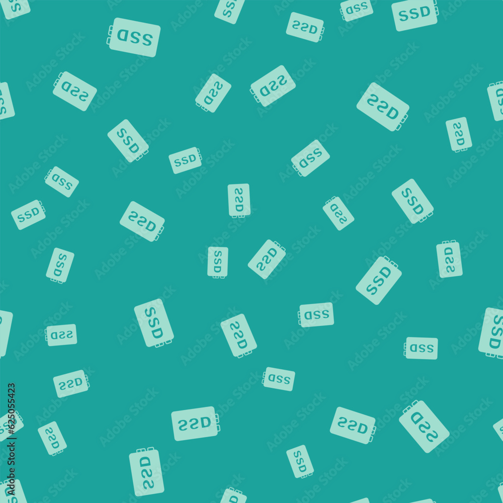 Green SSD card icon isolated seamless pattern on green background. Solid state drive sign. Storage disk symbol. Vector