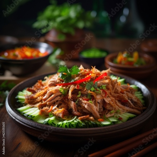 Fish-Flavored Shredded Pork served on a bamboo platter  emphasizing the textures and vibrant colors of the dish