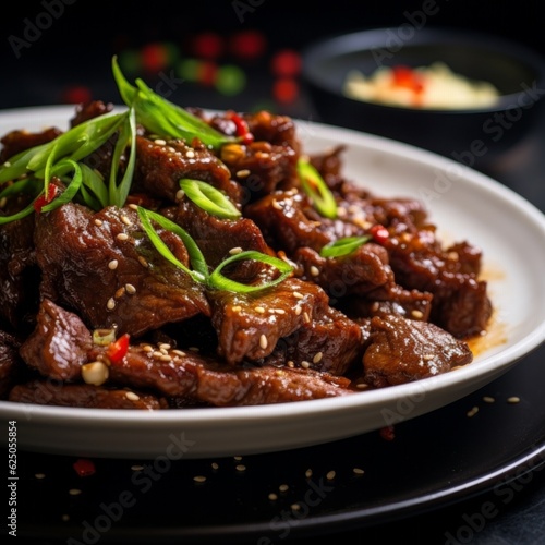 Crispy Szechuan Beef on a white ceramic plate, garnished with fresh scallions and sesame seeds, under soft ambient lighting