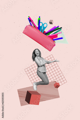 Vertical collage picture of excited mini black white colors girl jump hands catch big pen case isolated on creative background