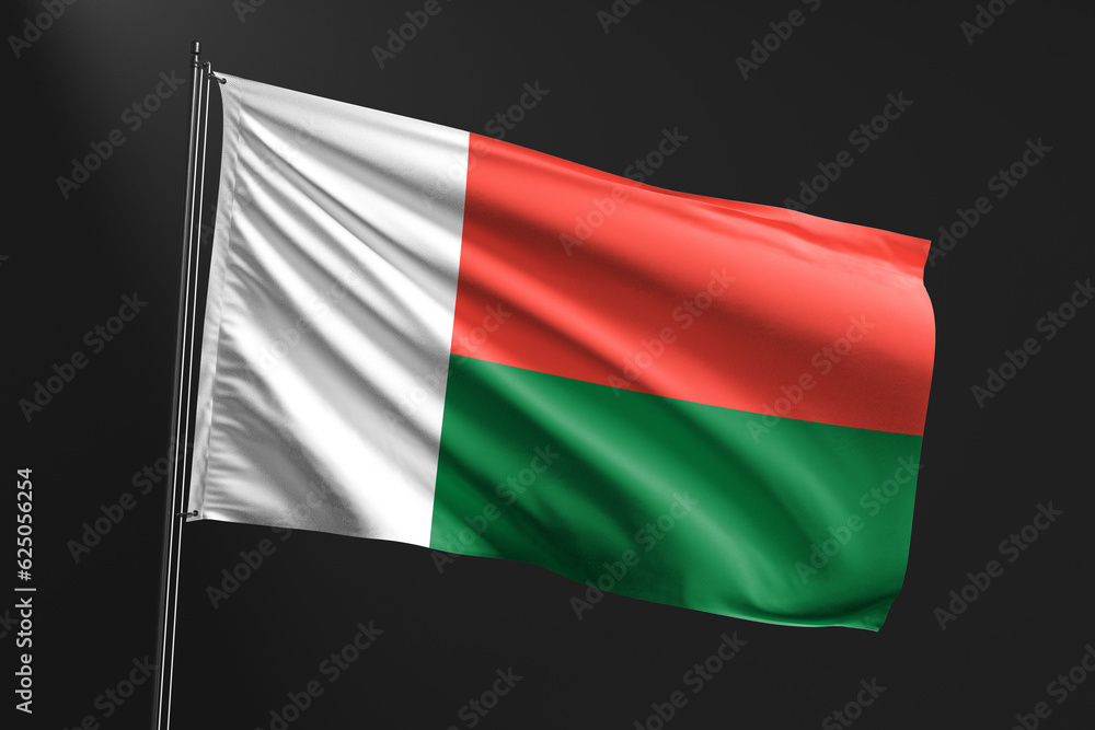 3d illustration flag of Madagascar. Madagascar flag waving isolated on black background. flag frame with empty space for your text.