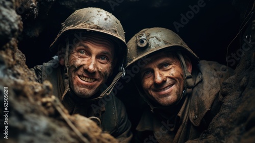 Two soldiers from the army in World War II. Man smiling selfie in a booby trap.