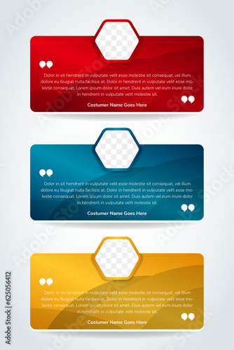 collection of Customer feedback testimonial template vector with icon talk and hexagon photo space. Client testimonials design illustration. feedback review or testimonial on horizontal layout