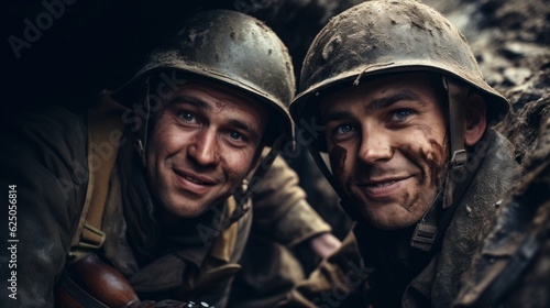 Two soldiers from the army in World War II. Man smiling selfie in a booby trap.