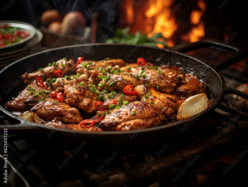 Gui Fei Chicken sizzling on a cast iron skillets, captured with the steam rising