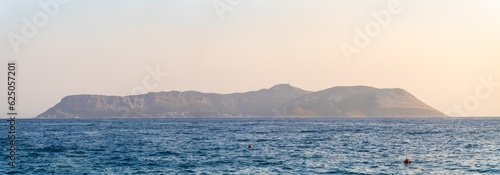 Panoramic view of Kastellorizo Island from Kas district. Castellorizo, officially Megisti is a Greek island and municipality of the Dodecanese in the Eastern Mediterranean.