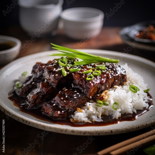 Steamed Spare Ribs with Black Bean Sauce glistening beautifully under the ambient kitchen lights, placed attractively on a white porcelain plate with a side of steamed rice