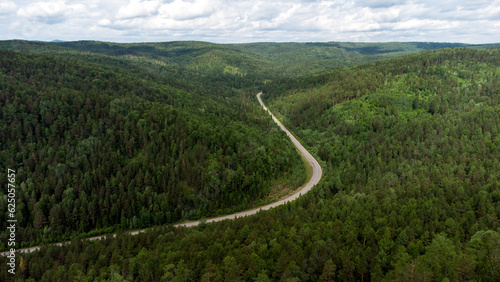 Aerial view of road through green forest. Wide angle