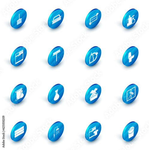 Set Brush for cleaning, Bar of soap with foam, Plastic bottles liquid dishwashing liquid, Washer, Trash can, Squeegee, scraper, wiper, Toilet bowl and icon. Vector