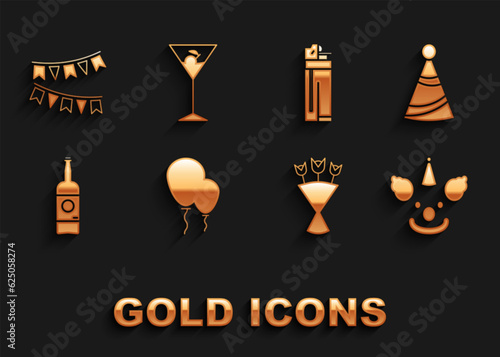 Set Balloons with ribbon, Party hat, Clown head, Bouquet of flowers, Beer bottle, Lighter, Carnival garland flags and Martini glass icon. Vector