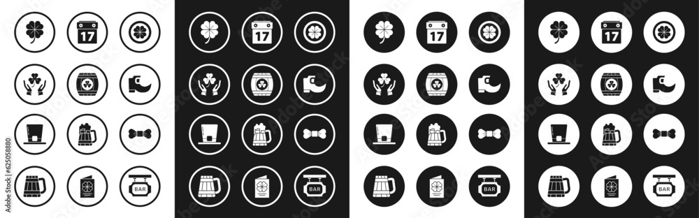 Set Gold coin with four leaf clover, Wooden barrel, Human hands holding, Four, Tradition leprechaun boots, Saint Patrick's day calendar, Bow tie and Leprechaun hat icon. Vector Set Gold coin with four leaf clover, Wooden barrel, Human hands holding, Four, Tradition leprechaun boots, Saint Patrick's day calendar, Bow tie and Leprechaun hat icon. Vector