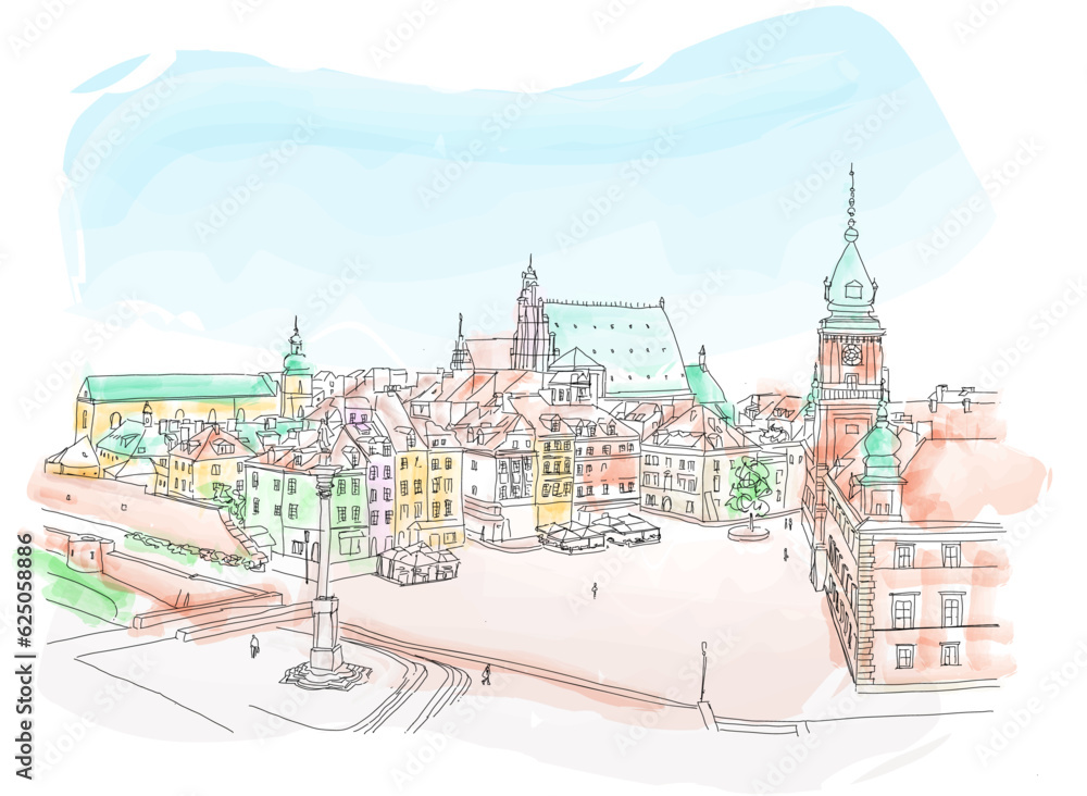 Old Town Square in Warsaw, historic place on a summer August day, Poland, vector illustration