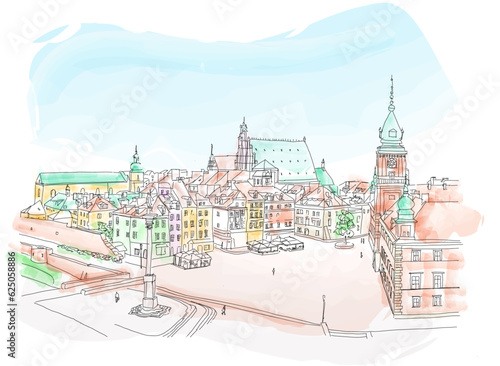 Old Town Square in Warsaw, historic place on a summer August day, Poland, vector illustration © Aleksandra
