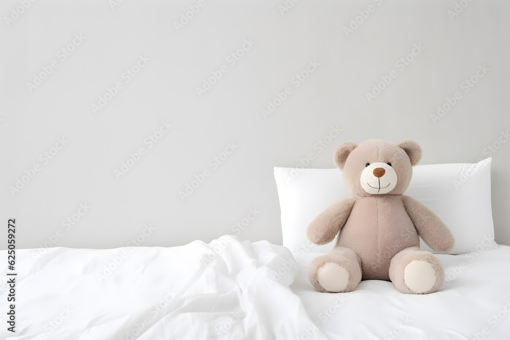 Teddy bear toy on the clean bed