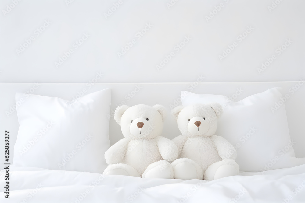 Two teddy bear toys on the clean bed