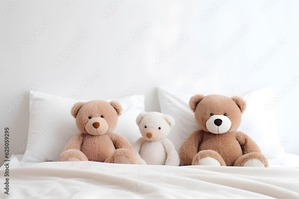 Three teddy bear toys on the clean bed Three teddy bear toys on the clean bed