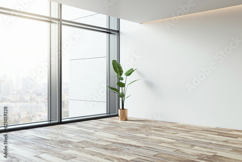 Fotografering Perspective view of blank light wall with place for poster or banner in a modern office corridor interior